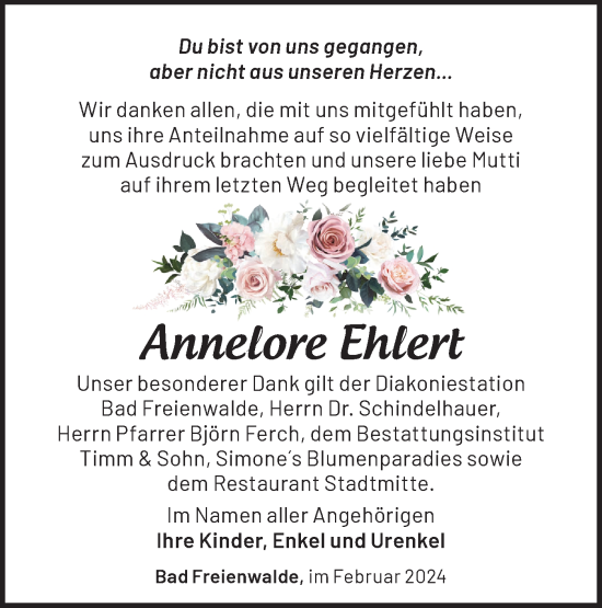 Traueranzeige von Annelore Ehlert von Märkische Oderzeitung