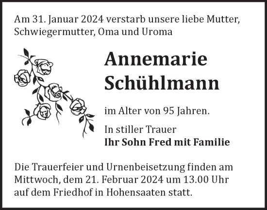 Traueranzeige von Annemarie Schühlmann von Märkische Oderzeitung