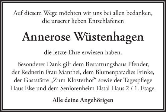 Traueranzeige von Annerose Wüstenhagen von Märkische Oderzeitung