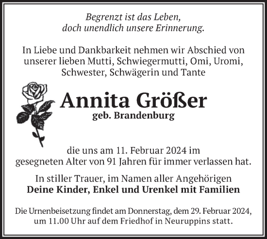 Traueranzeige von Annita Größer von Märkische Oderzeitung