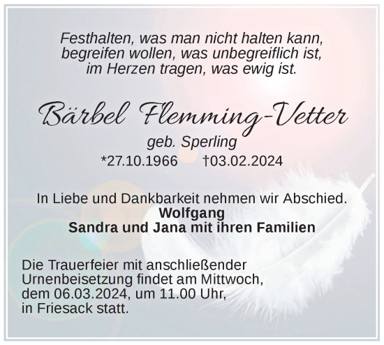 Traueranzeige von Bärbel Flemming-Vetter von Märkische Oderzeitung