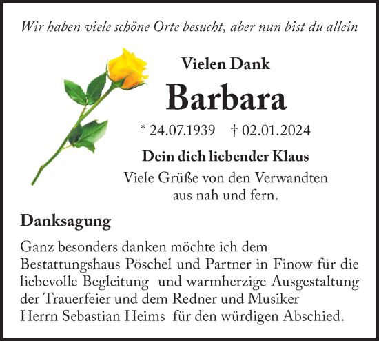 Traueranzeige von Barbara  von Märkische Oderzeitung