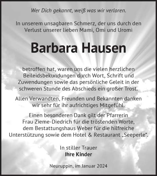 Traueranzeige von Barbara Hausen von Märkische Oderzeitung