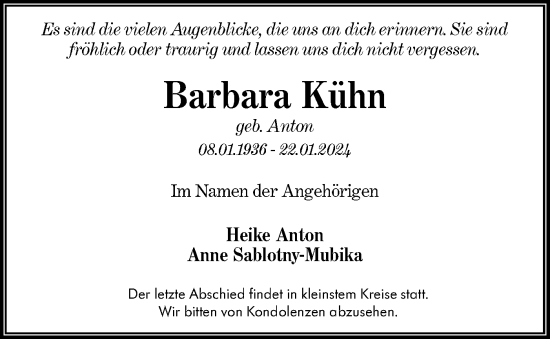 Traueranzeige von Barbara Kühn von Märkische Oderzeitung