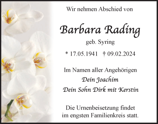 Traueranzeige von Barbara Rading von Märkische Oderzeitung