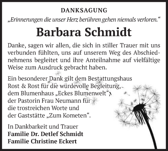 Traueranzeige von Barbara Schmidt von Märkische Oderzeitung