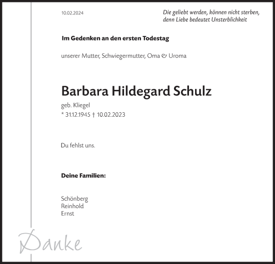 Traueranzeige von Barbara  Schulz von Märkische Oderzeitung