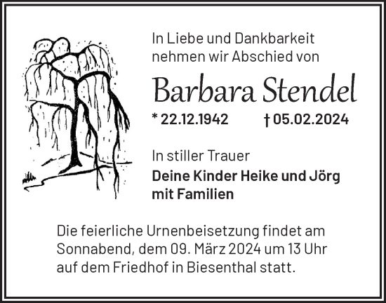 Traueranzeige von Barbara Stendel von Märkische Oderzeitung