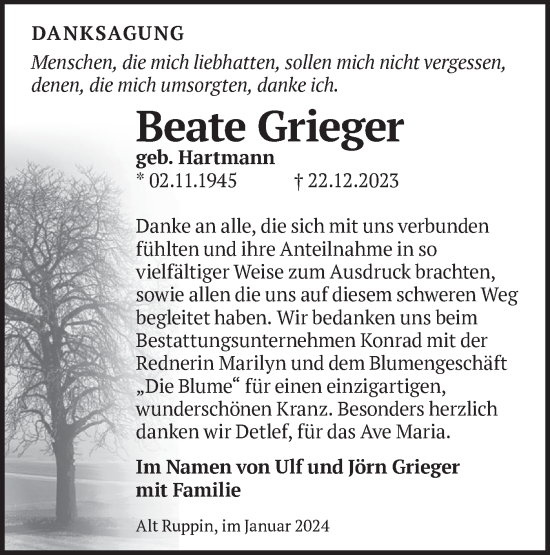 Traueranzeige von Beate Grieger von Märkische Oderzeitung