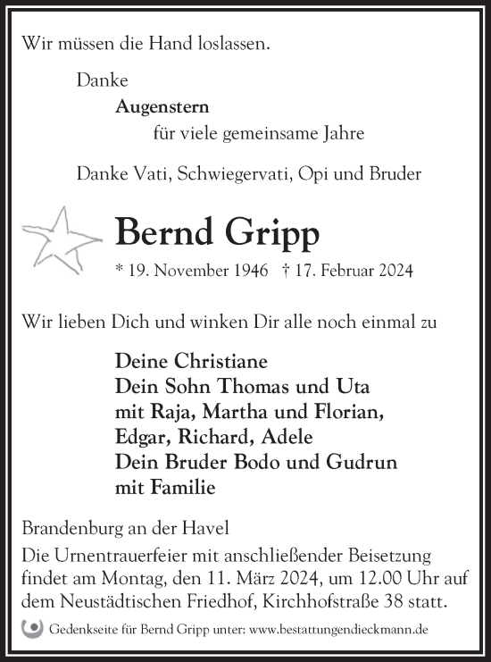 Traueranzeige von Bernd Gripp von Märkische Oderzeitung