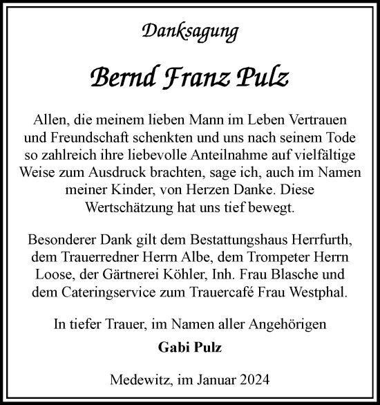 Traueranzeige von Bernd Pulz von Märkische Oderzeitung