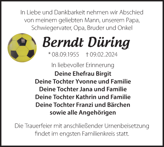 Traueranzeige von Berndt Düring von Märkische Oderzeitung