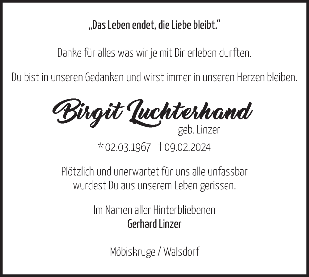  Traueranzeige für Birgit Luchterhand vom 24.02.2024 aus Märkische Oderzeitung