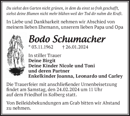 Traueranzeige von Bodo Schumacher von Märkische Oderzeitung