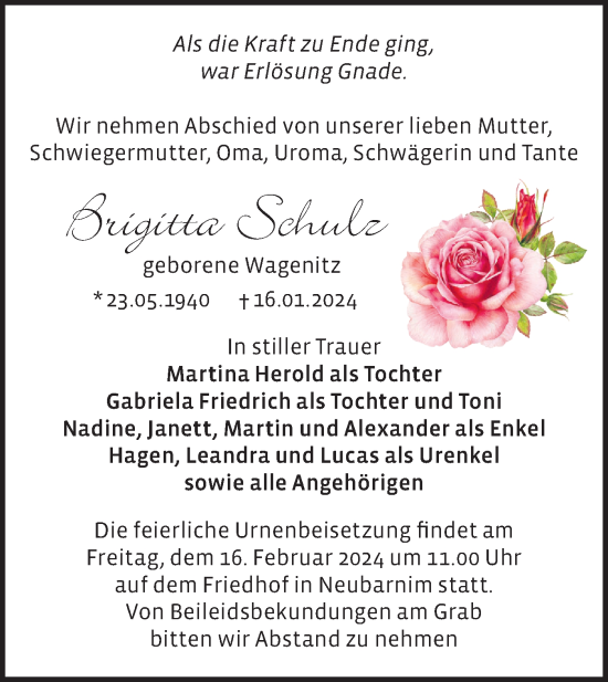 Traueranzeige von Brigitta Schulz von Märkische Oderzeitung