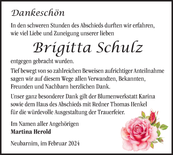 Traueranzeige von Brigitta Schulz von Märkische Oderzeitung