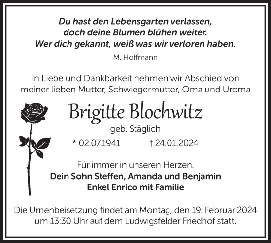 Traueranzeige von Brigitte Blochwitz von Märkische Oderzeitung