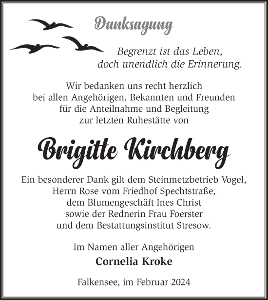 Traueranzeige von Brigitte Kirchberg von Märkische Oderzeitung