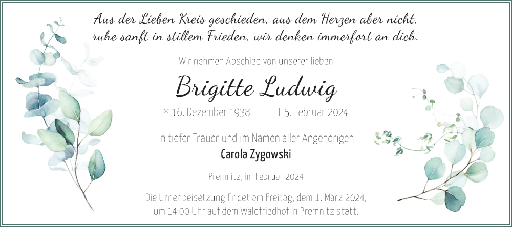  Traueranzeige für Brigitte Ludwig vom 10.02.2024 aus Märkische Oderzeitung
