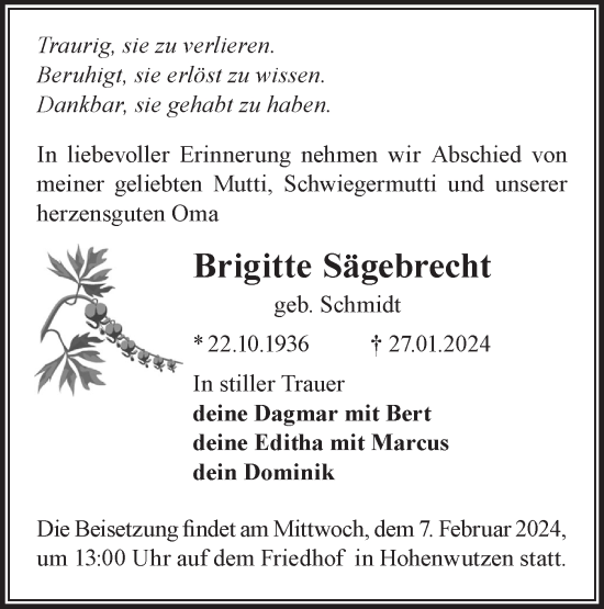 Traueranzeige von Brigitte Sägebrecht von Märkische Oderzeitung