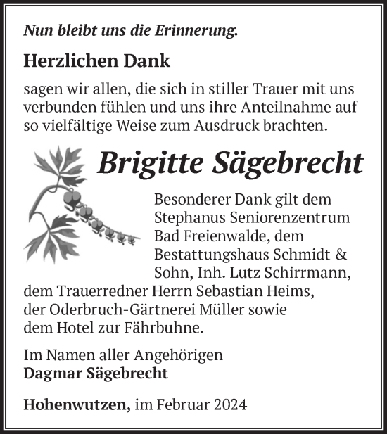 Traueranzeige von Brigitte Sägebrecht von Märkische Oderzeitung