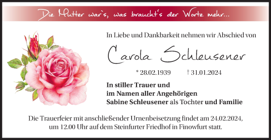 Traueranzeige von Carola Schleusener von Märkische Oderzeitung