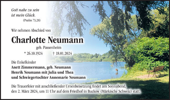 Traueranzeige von Charlotte Neumann von Märkische Oderzeitung