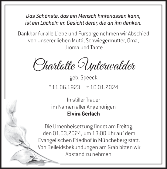 Traueranzeige von Charlotte Unterwalder von Märkische Oderzeitung