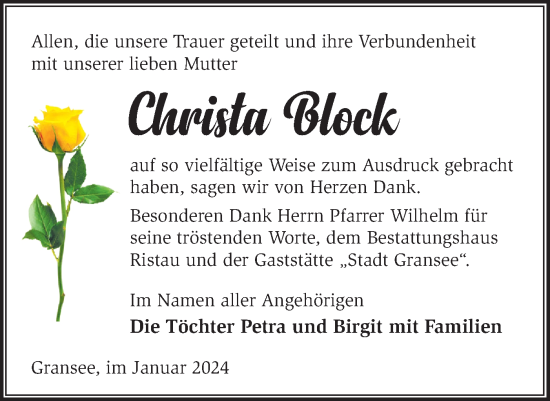 Traueranzeige von Christa Block von Märkische Oderzeitung