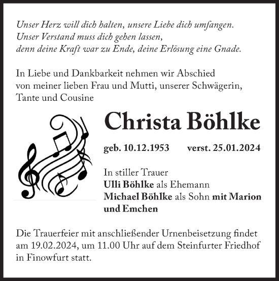 Traueranzeige von Christa Böhlke von Märkische Oderzeitung