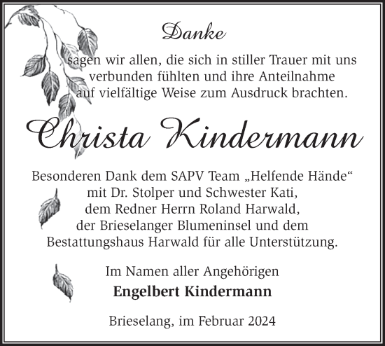 Traueranzeige von Christa Kindermann von Märkische Oderzeitung