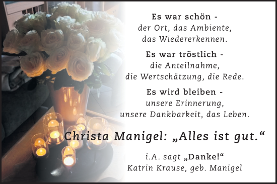 Traueranzeige von Christa Manigel von Märkische Oderzeitung