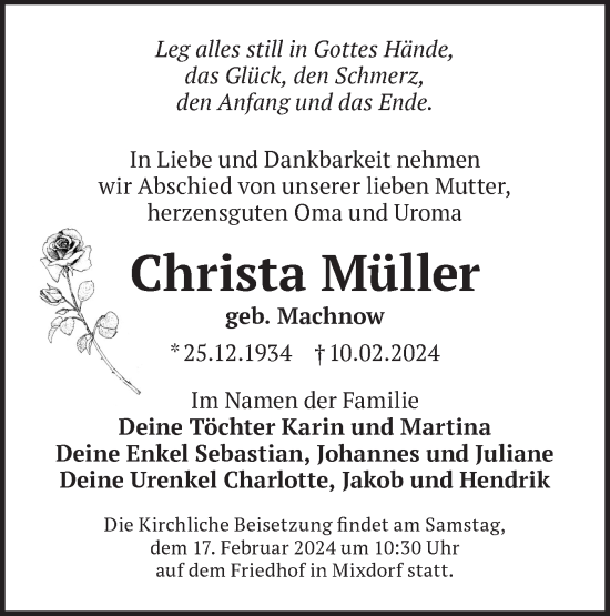 Traueranzeige von Christa Müller von Märkische Oderzeitung