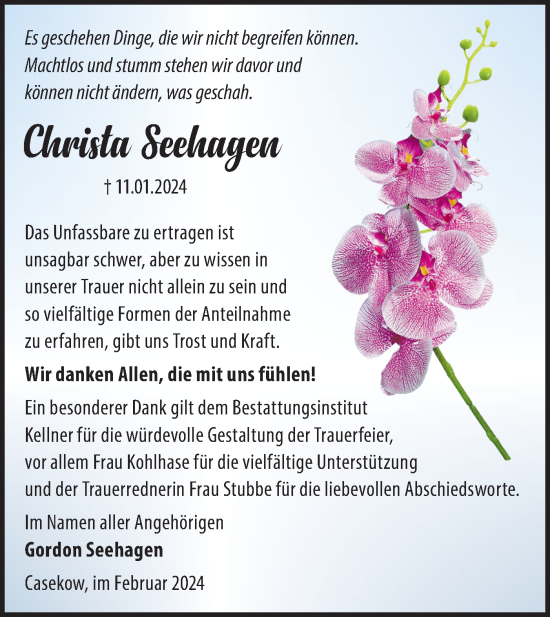 Traueranzeige von Christa Seehagen von Märkische Oderzeitung