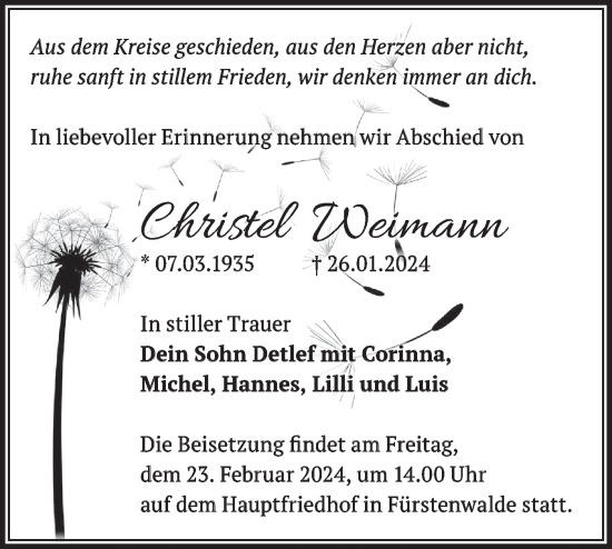 Traueranzeige von Christel Weimann von Märkische Oderzeitung