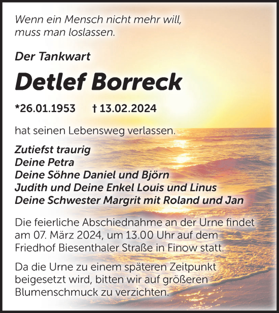 Traueranzeige von Detlef Borreck von Märkische Oderzeitung