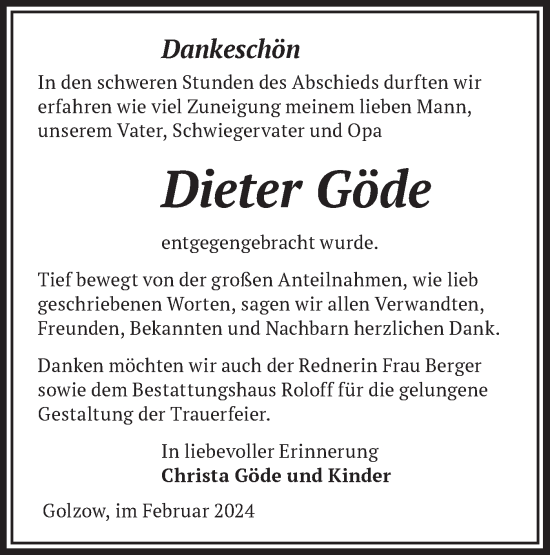 Traueranzeige von Dieter Göde von Märkische Oderzeitung