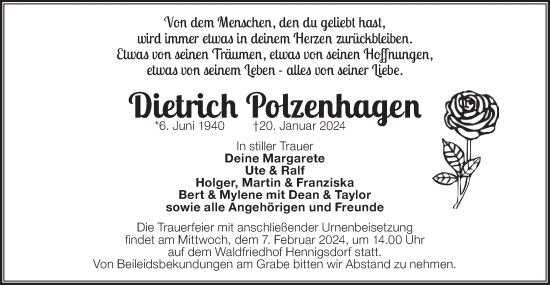 Traueranzeige von Dietrich Polzenhagen von Märkische Oderzeitung