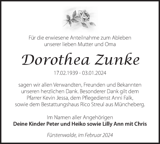 Traueranzeige von Dorothea Zunke von Märkische Oderzeitung