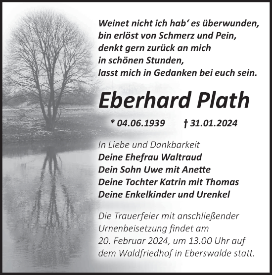 Traueranzeige von Eberhard Plath von Märkische Oderzeitung