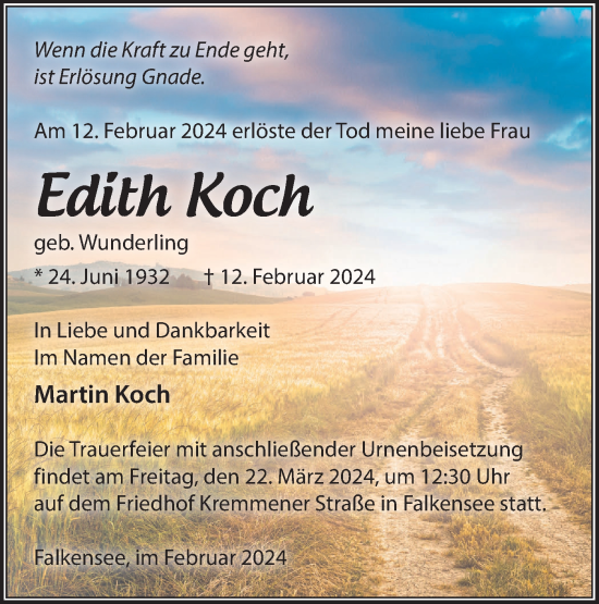 Traueranzeige von Edith Koch von Märkische Oderzeitung