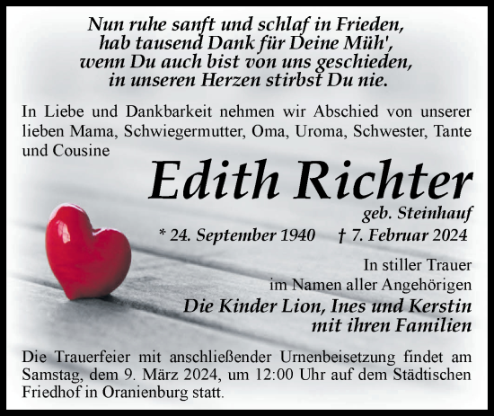 Traueranzeige von Edith Richter von Märkische Oderzeitung