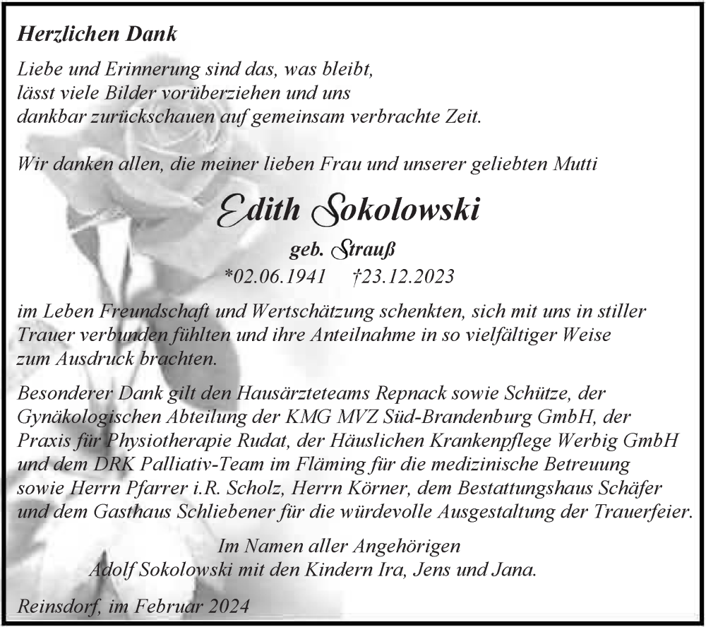 Traueranzeigen Von Edith Sokolowski Märkische Onlinezeitung Trauerportal