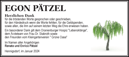 Traueranzeige von Egon Pätzel von Märkische Oderzeitung