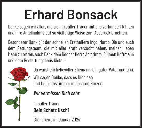 Traueranzeige von Erhard Bonsack von Märkische Oderzeitung