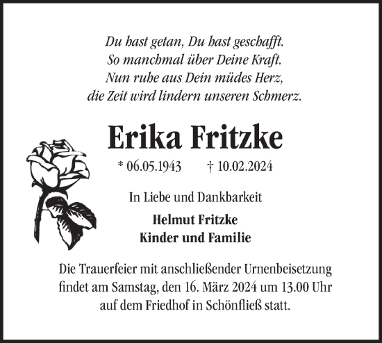 Traueranzeige von Erika Fritzke von Märkische Oderzeitung