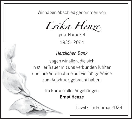 Traueranzeige von Erika Henze von Märkische Oderzeitung