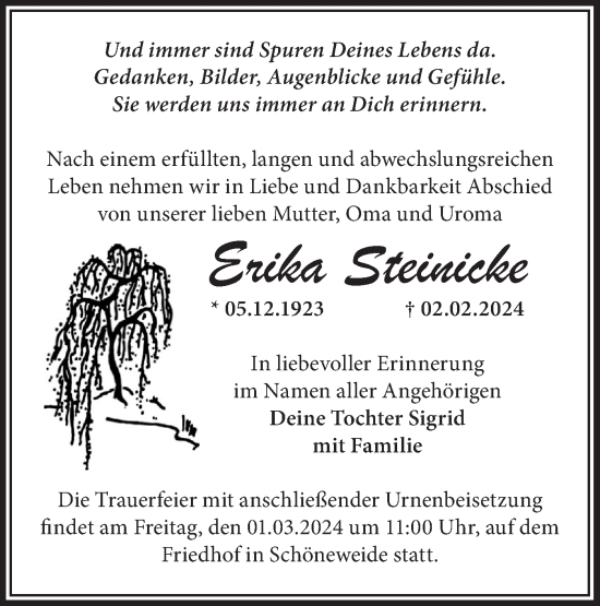 Traueranzeige von Erika Steinicke von Märkische Oderzeitung
