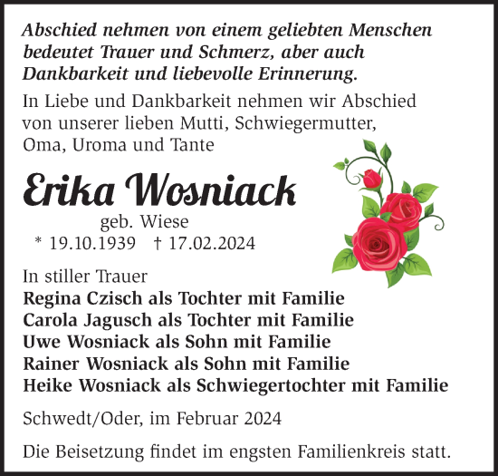 Traueranzeige von Erika Wosniack von Märkische Oderzeitung