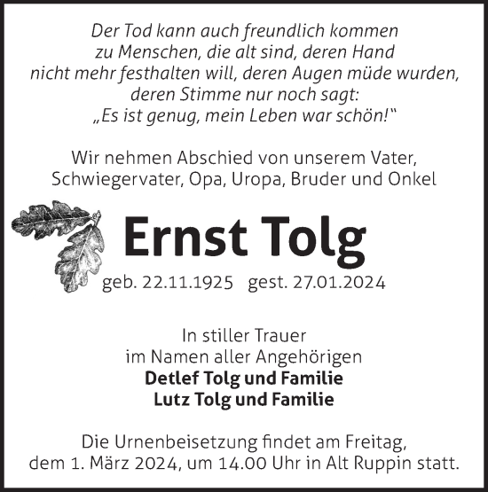 Traueranzeige von Ernst Tolg von Märkische Oderzeitung